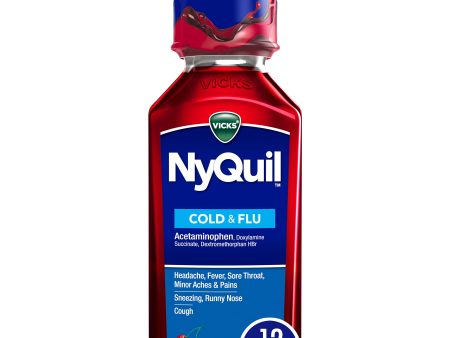 Vicks NyQuil Cold and Flu Relief Liquid Medicine, over-the-Counter Medicine, Cherry, 12 fl. oz. Supply