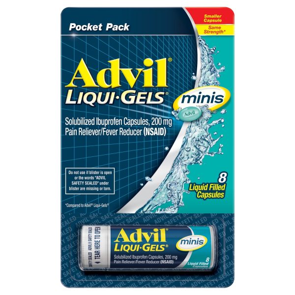 Advil Liqui-Gels Minis Pain and Headache Reliever Ibuprofen, 200 Mg Liquid Filled Capsules, 8 Count For Sale